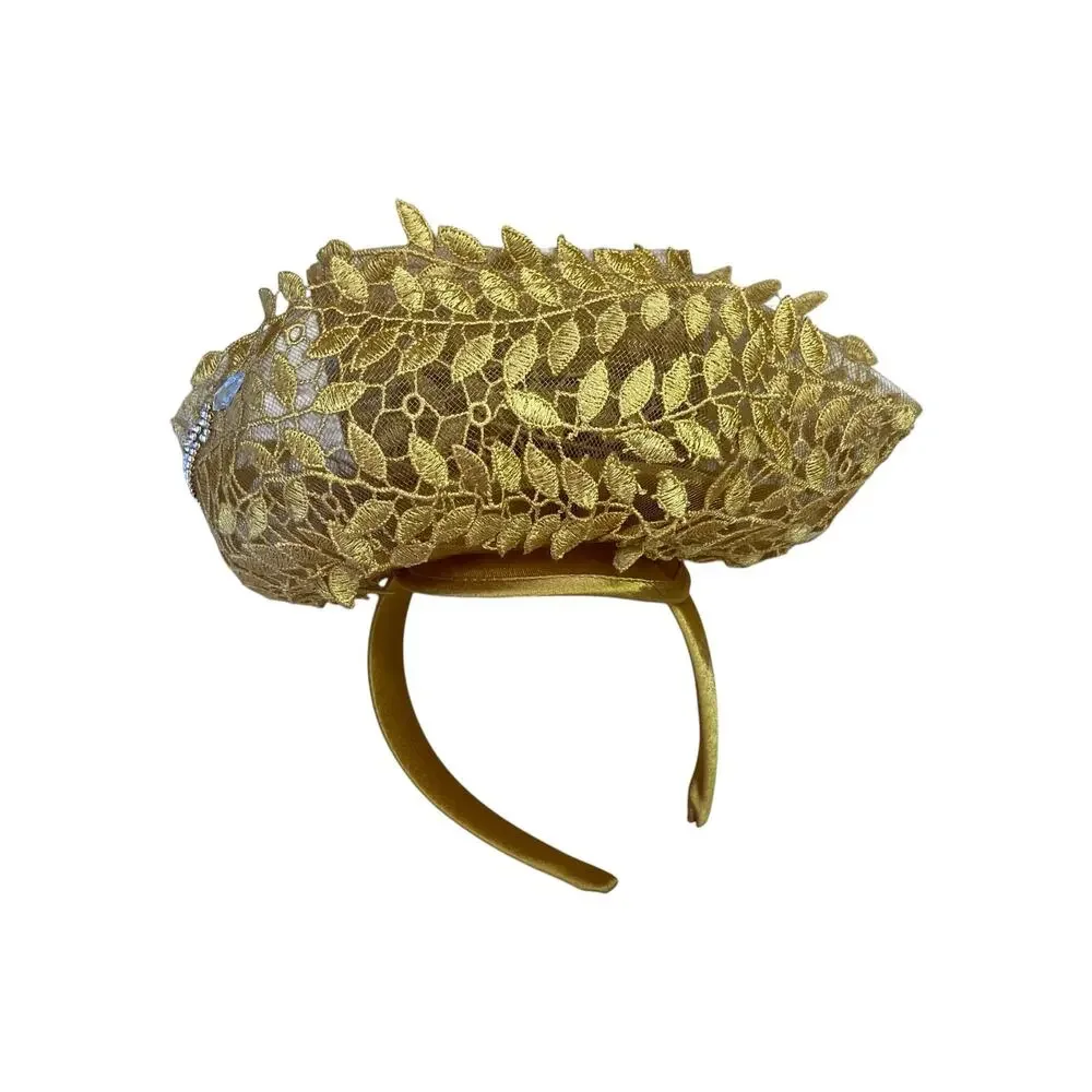Y2K Gold Fascinator Headband – Rhinestone Leaf Appliqué w/ Satin Rose - Picture 6 of 8